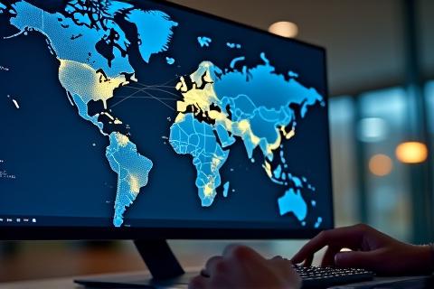 Graphiques et visualisations de données géospatiales sur un écran d'ordinateur, montrant des points de données interconnectés.